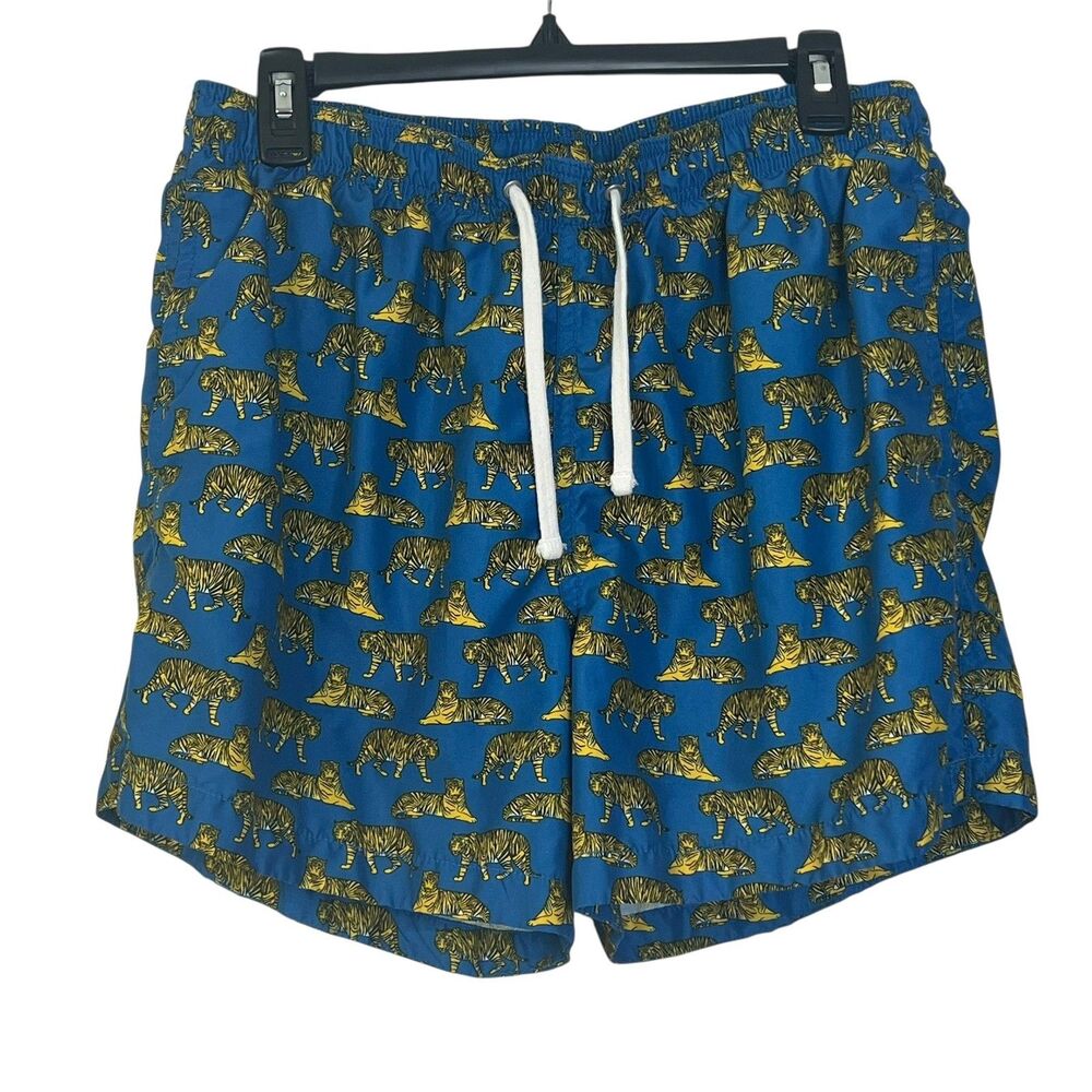 H&M Men's Blue Swim Trunks Shorts Tiger Print Elastic Drawstring Size Large